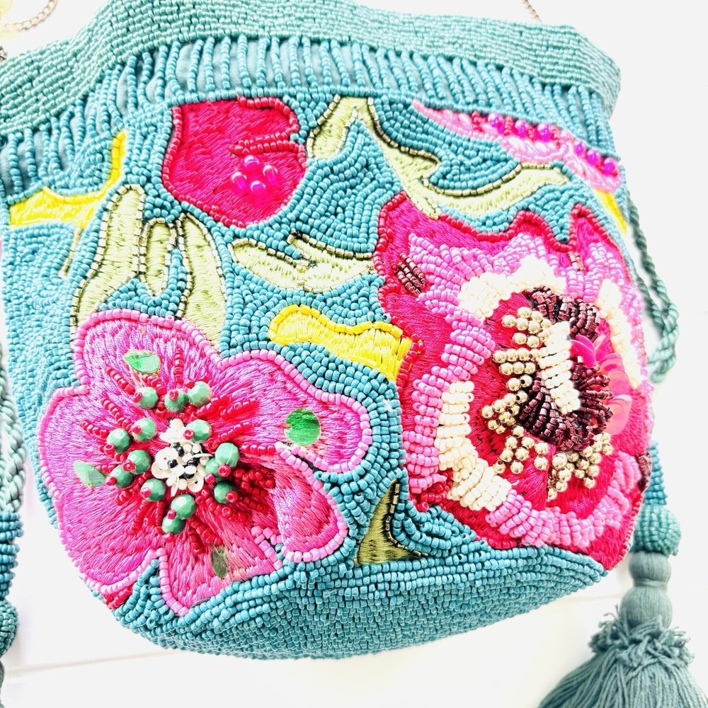 TikTok Viral India Beaded Bucket Bag Floral Embroidered Tassels Teal Crossbody - Picture 5 of 11